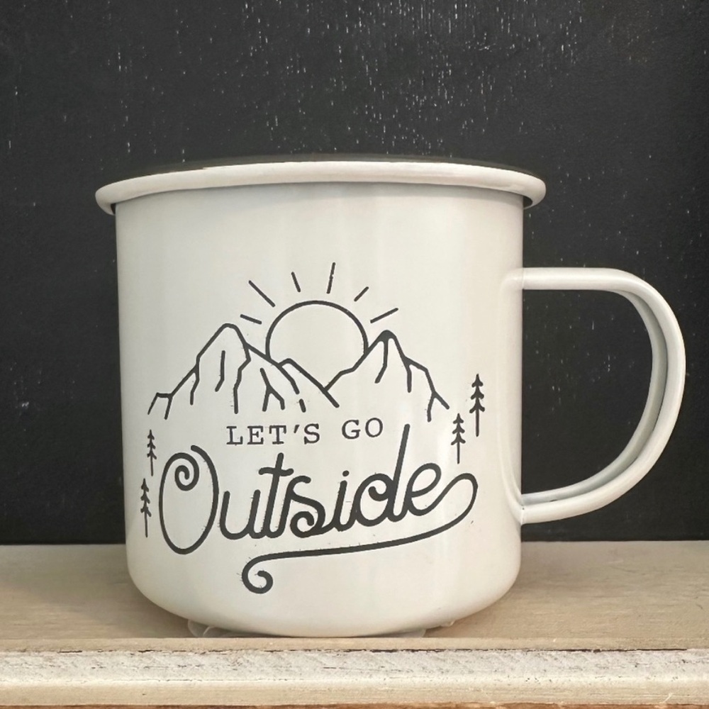 White Enamel Mug with Outdoor Design - Picture 1 of 5